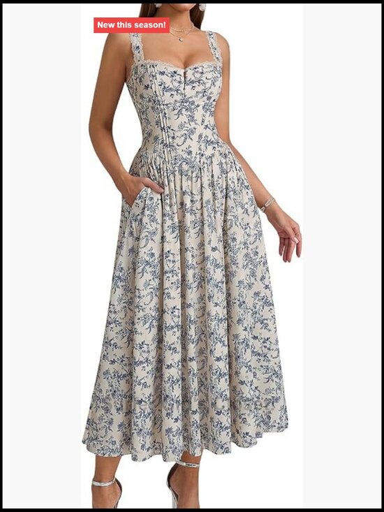 Dresses & Skirts - Women's Corset Midi Dress with Pockets Flowy Smocked Summer Wedding Guest